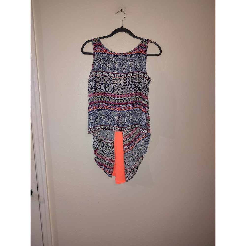 Rue21 Womens Small Blue Red Paisley Geometric Split Back Neon Orange Layered Top